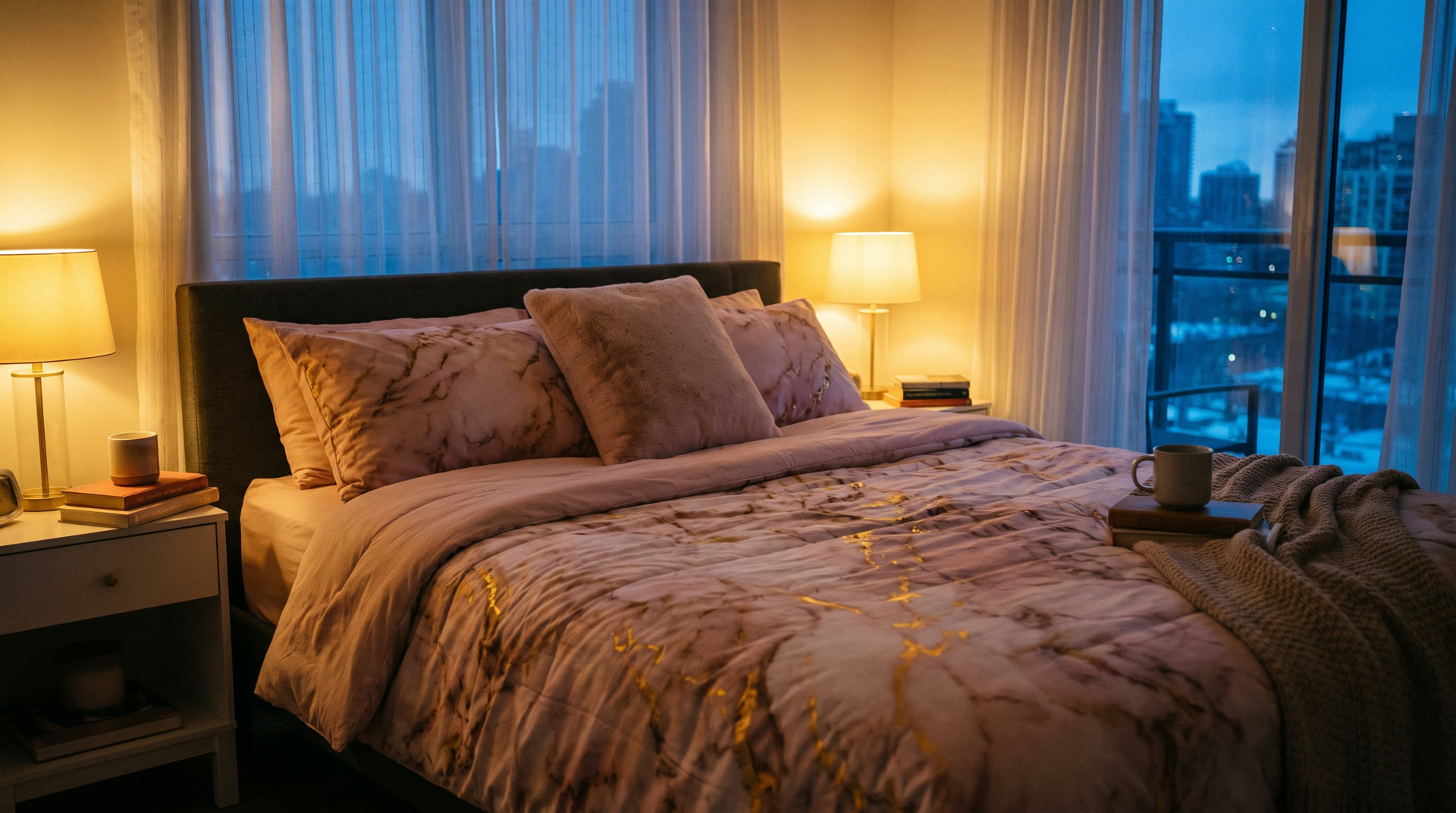 Cama abrigada con el edredón en una noche fría de ciudad